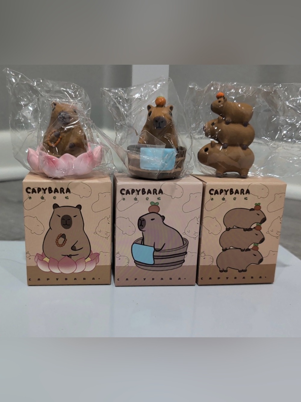 Capybara Mini Figure Bundle of 3 – Lotus, Bath & Stacked Capybaras with Boxes